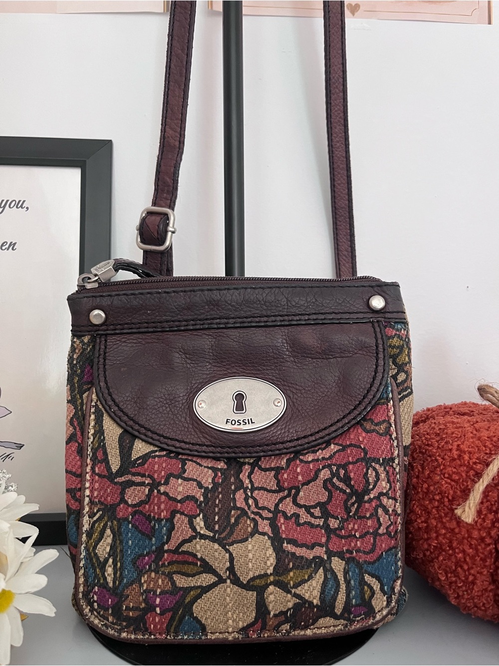 Fossil Floral Tapestry Leather Crossbody Bag Brown Boho